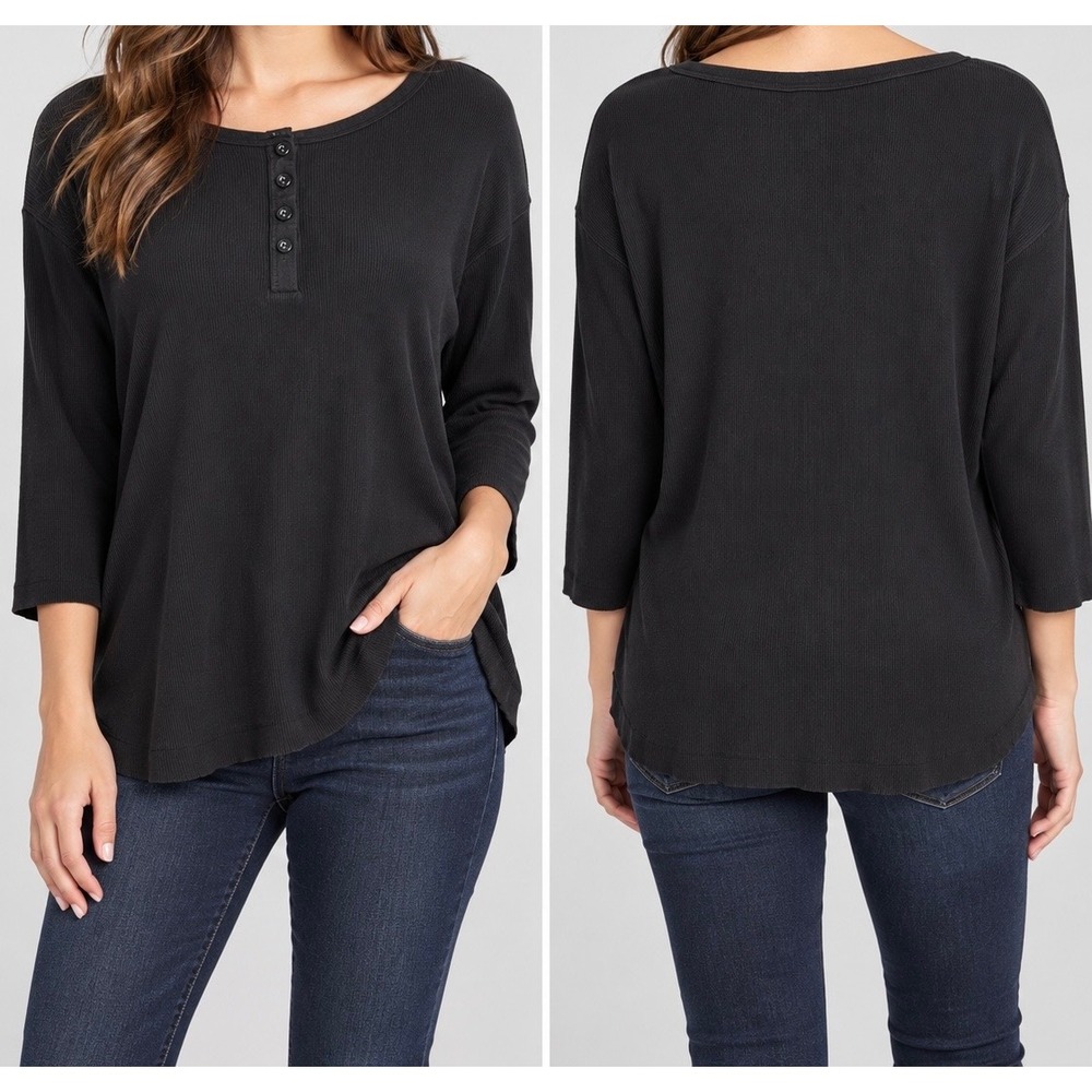 White Stag Henley Top Womens L Black 3/4 Sleeve Ribbed Cotton Knit Casual Basic